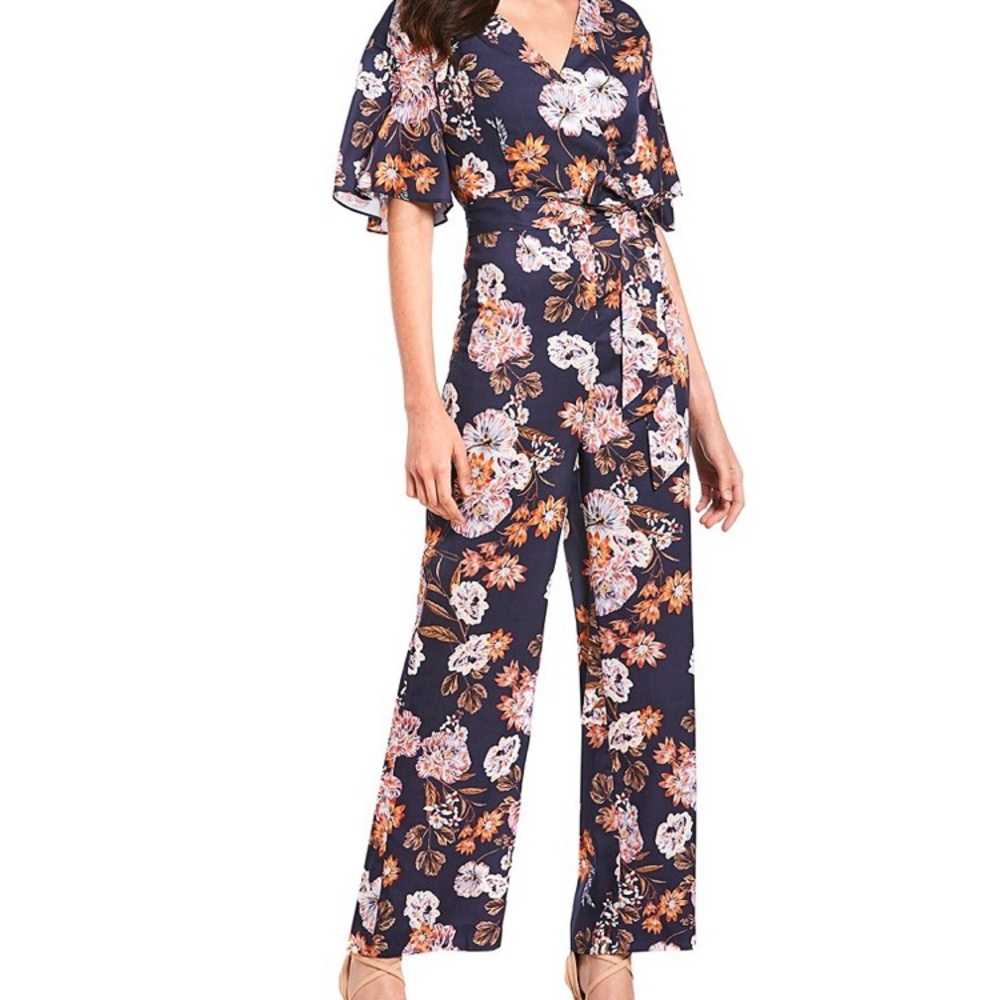Margie Short Sleeve Floral Print V-Neck Jumpsuit